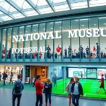 Nemzeti Futballmúzeum belső nézet Manchesterben, látogatók körében.