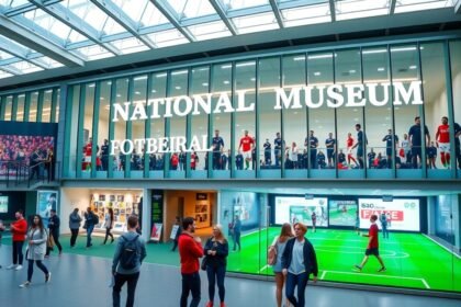 Nemzeti Futballmúzeum belső nézet Manchesterben, látogatók körében.