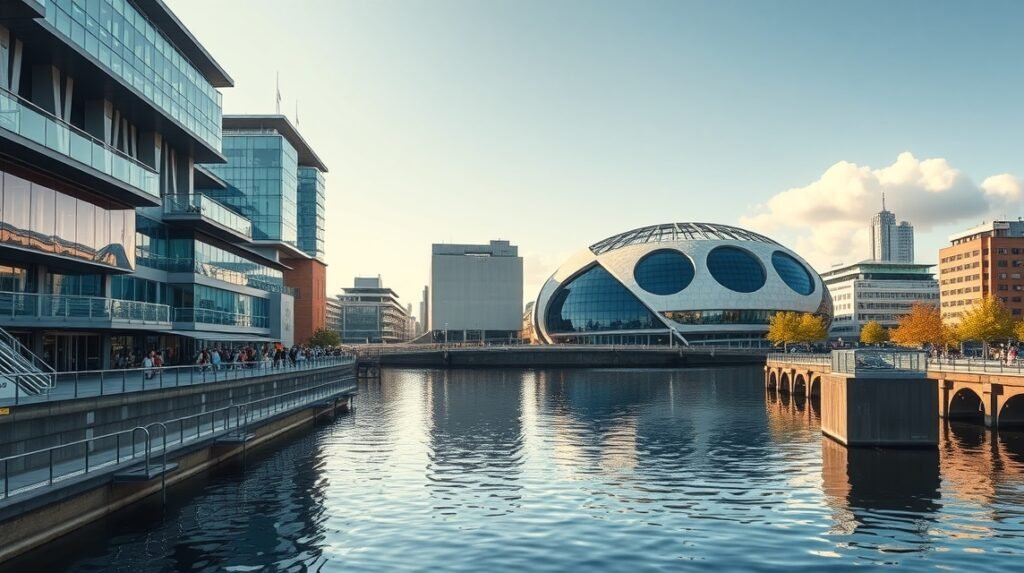 Salford Quays és a Lowry központ este a vízparton Manchesterben