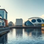 Salford Quays és a Lowry központ este a vízparton Manchesterben