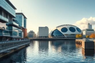 Salford Quays és a Lowry központ este a vízparton Manchesterben