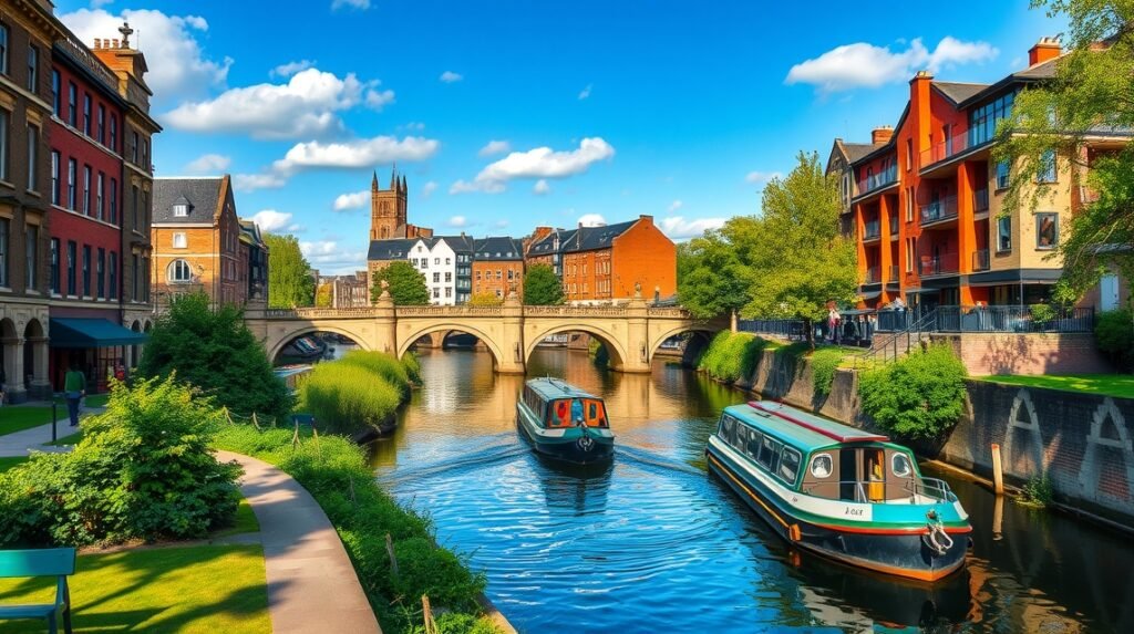 Castlefield csatornái Manchesterben, látványos vízparti sétányokkal és hajókkal.