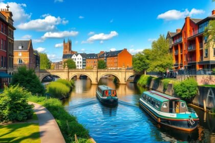 Castlefield csatornái Manchesterben, látványos vízparti sétányokkal és hajókkal.