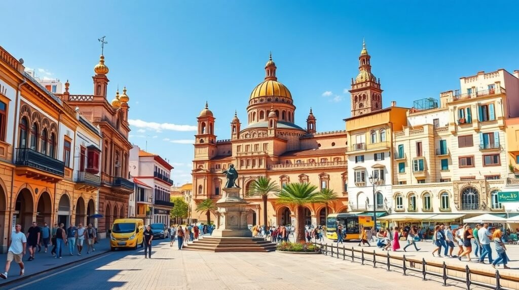 Sevilla város látképe, impozáns épületekkel és emberekkel.