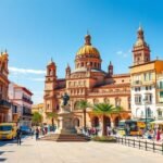 Sevilla város látképe, impozáns épületekkel és emberekkel.