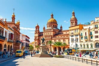 Sevilla város látképe, impozáns épületekkel és emberekkel.