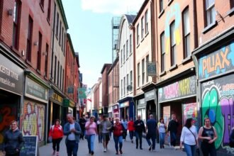 Manchester Northern Quarter utcai művészete élénk graffitikkel és galériákkal.