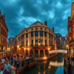 A Manchester Gay Village és Canal Street esti fényekben.