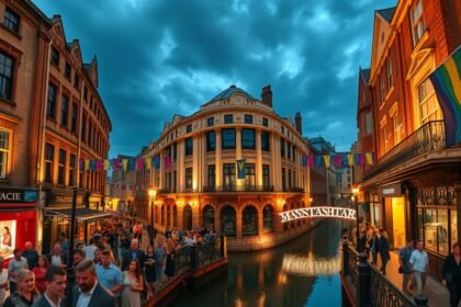 A Manchester Gay Village és Canal Street esti fényekben.
