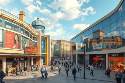 Arndale bevásárlóközpont Manchester belvárosában, látogatók tömegekkel.