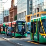 Metrolink villamosok Manchester belvárosában, forgalmas közlekedés