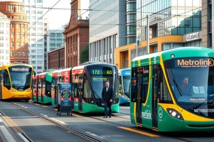 Metrolink villamosok Manchester belvárosában, forgalmas közlekedés