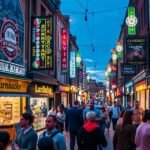 Curry Mile éttermek és forgalom Manchesterben, esti hangulatban.