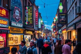 Curry Mile éttermek és forgalom Manchesterben, esti hangulatban.