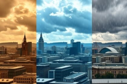 Manchester különböző időjárási viszonyai városi panorámán.