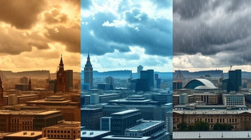 Manchester különböző időjárási viszonyai városi panorámán.