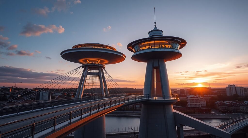 Pozsony UFO-híd a naplementében a Duna felett