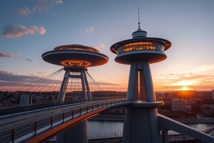 Pozsony UFO-híd a naplementében a Duna felett