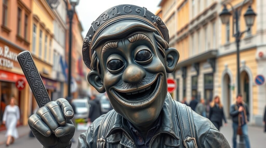 Čumil, a kíváncsi munkás bronzszobra Pozsony utcájában.