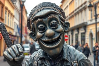 Čumil, a kíváncsi munkás bronzszobra Pozsony utcájában.