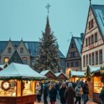 Karácsonyi vásár Strasbourgban ünnepi fényeivel és hangulatával.