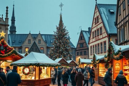 Karácsonyi vásár Strasbourgban ünnepi fényeivel és hangulatával.