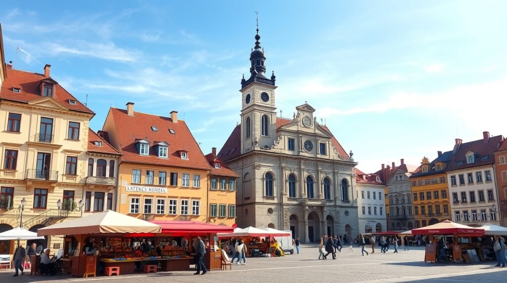 Pozsony Óváros főtere, régi városháza és élettel teli kávézók.