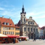 Pozsony Óváros főtere, régi városháza és élettel teli kávézók.