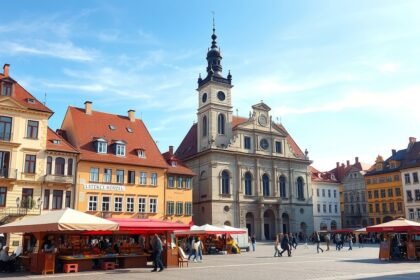 Pozsony Óváros főtere, régi városháza és élettel teli kávézók.