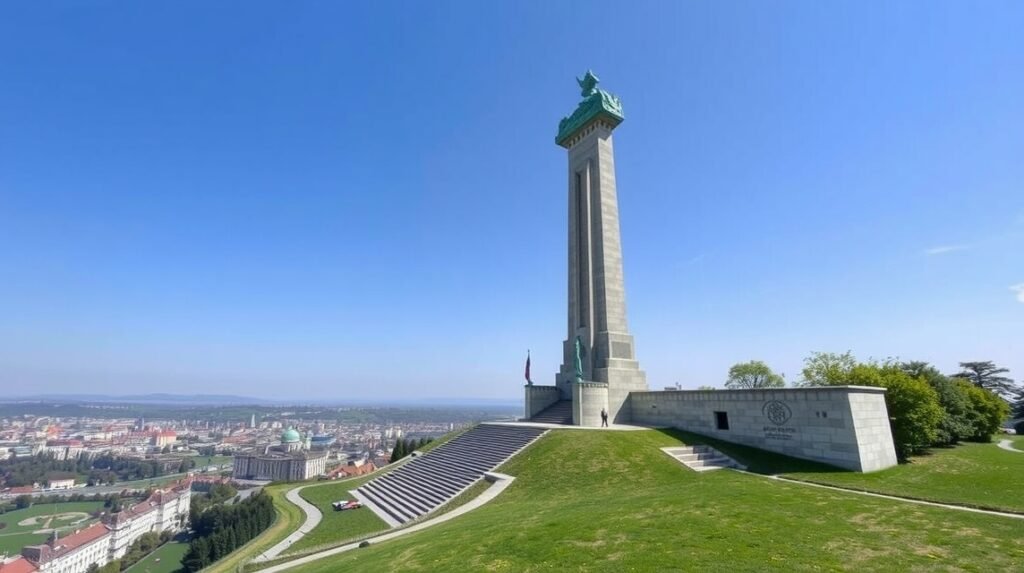 Slavín háborús emlékmű Pozsonyban a gyönyörű panorámával.