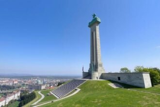 Slavín háborús emlékmű Pozsonyban a gyönyörű panorámával.