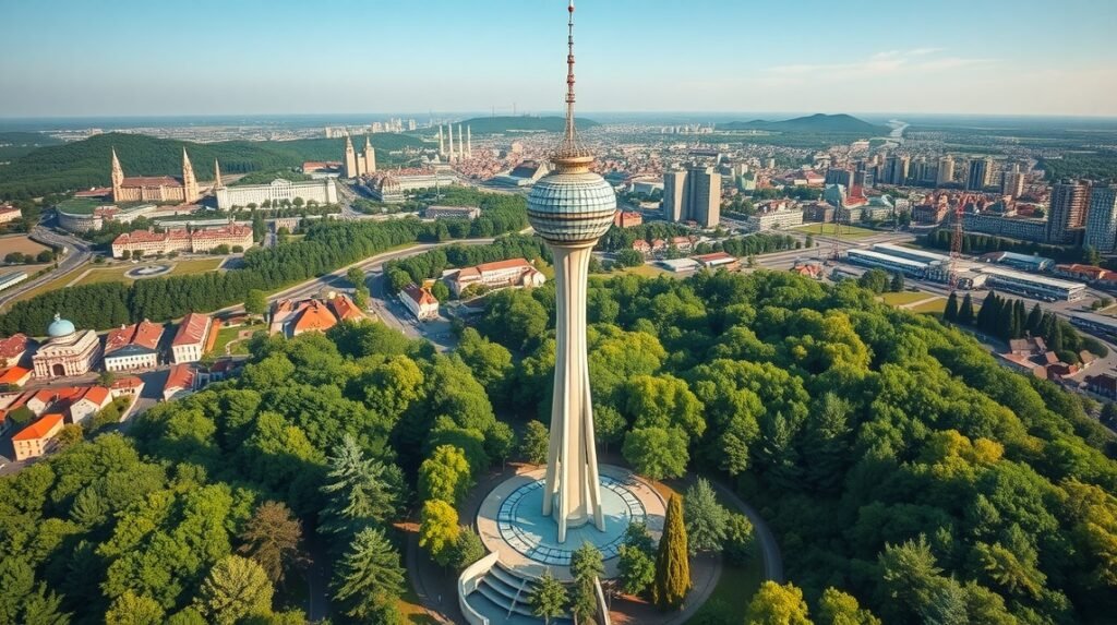 A Zerge-hegyi tévétorony panorámája Pozsonyban