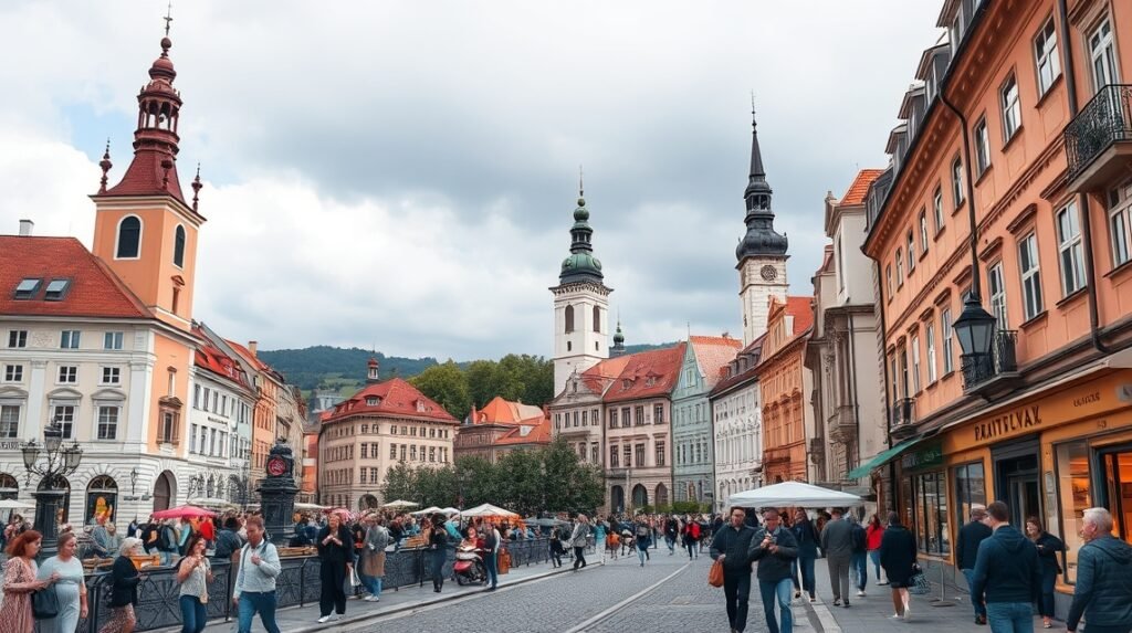 Pozsony óvárosi fő utca, kávézók és történelmi épületek