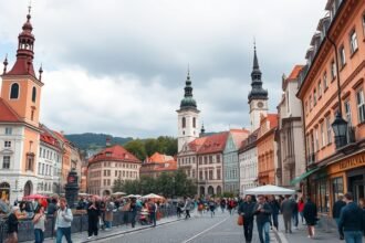 Pozsony óvárosi fő utca, kávézók és történelmi épületek