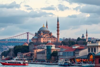 Isztambul városkép a Boszporusz mellett, híres épületekkel.
