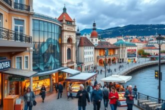 Eurovea bevásárlóközpont a Duna partján Pozsonyban