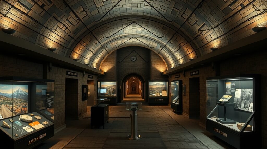 Az Alsó-kapu földalatti múzeumának belsőtere, interaktív kiállításokkal