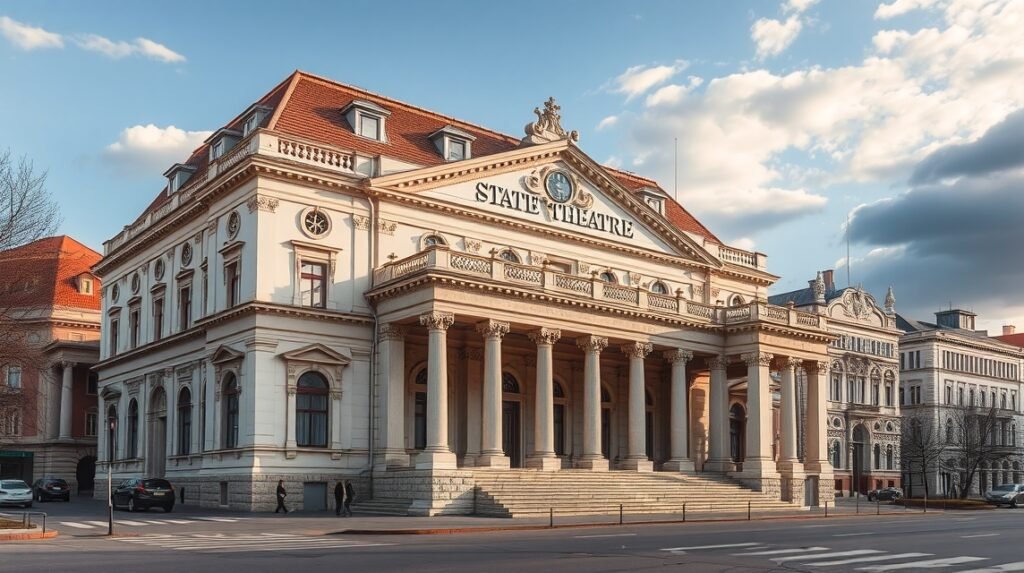 A Kassai Állami Színház impozáns épülete és homlokzata.
