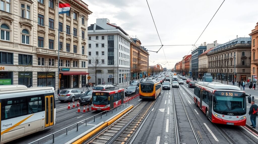 Kassa belvárosi közlekedés, buszok és villamosok az utcákon