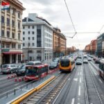 Kassa belvárosi közlekedés, buszok és villamosok az utcákon