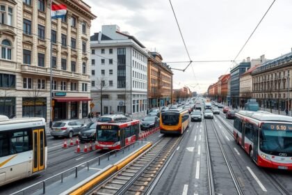 Kassa belvárosi közlekedés, buszok és villamosok az utcákon