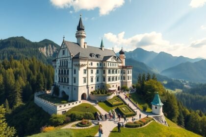 Neuschwanstein kastély a Bajor Alpokban, gyönyörű panoráma