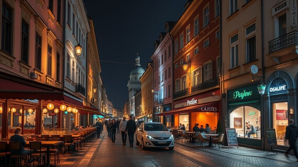 Kassa éjszakai sétálóutcája hangulatos kávézókkal és sörözőkkel.