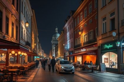 Kassa éjszakai sétálóutcája hangulatos kávézókkal és sörözőkkel.