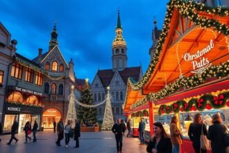 Kassa karácsonyi vásár ünnepi fényekkel és vásárlókkal.