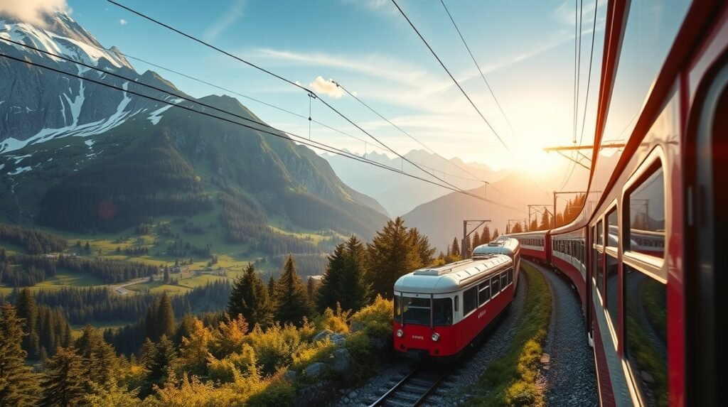 Svájc vonat panoráma a hegyek között naplementében