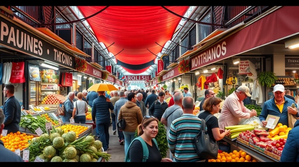 Kapani és Modiano piacok Thesszalonikiban, zsúfolt árusok és színes áruk.