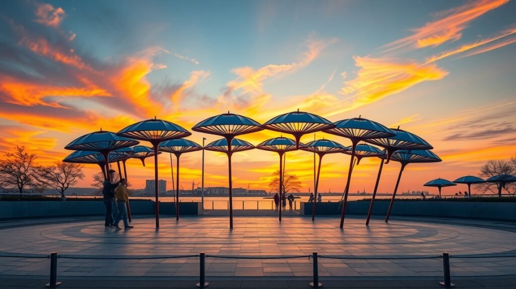 Thesszaloniki Esernyők szobra naplementében