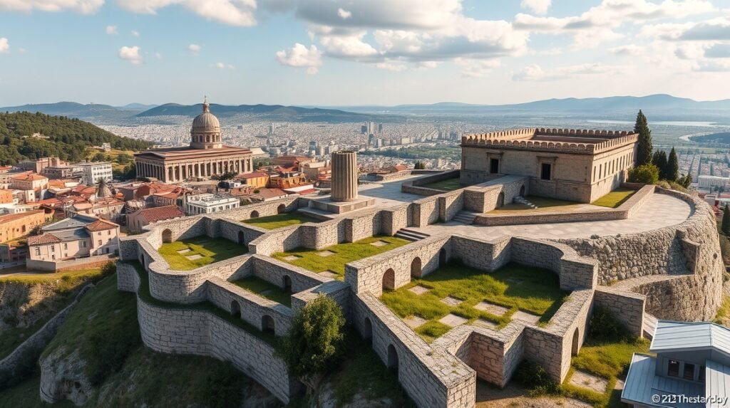 Heptapyrgion erőd látképe Thesszalonikiben, gyönyörű panorámával.