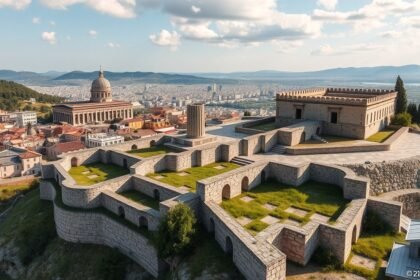 Heptapyrgion erőd látképe Thesszalonikiben, gyönyörű panorámával.